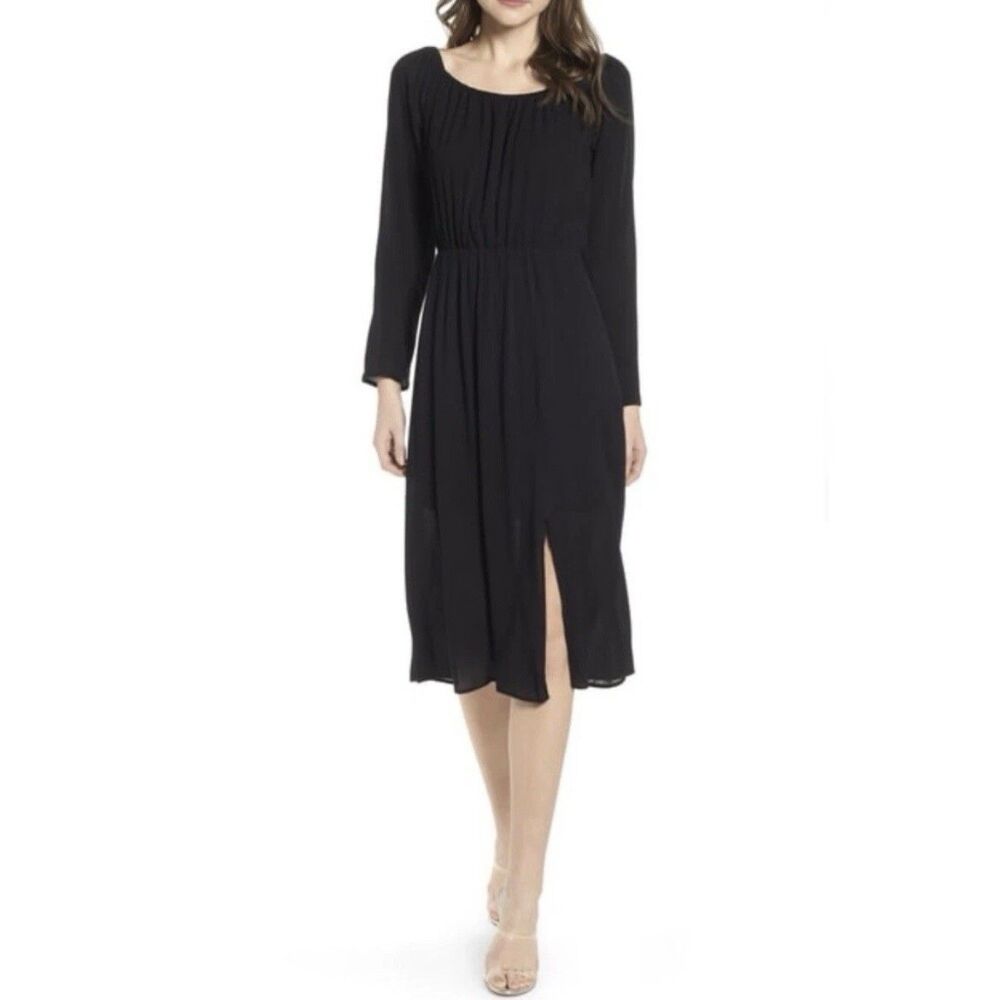 NWT WAYF Black Gauze Midi Dress XL Long Sleeve Scoop Neck Slit Made in USA